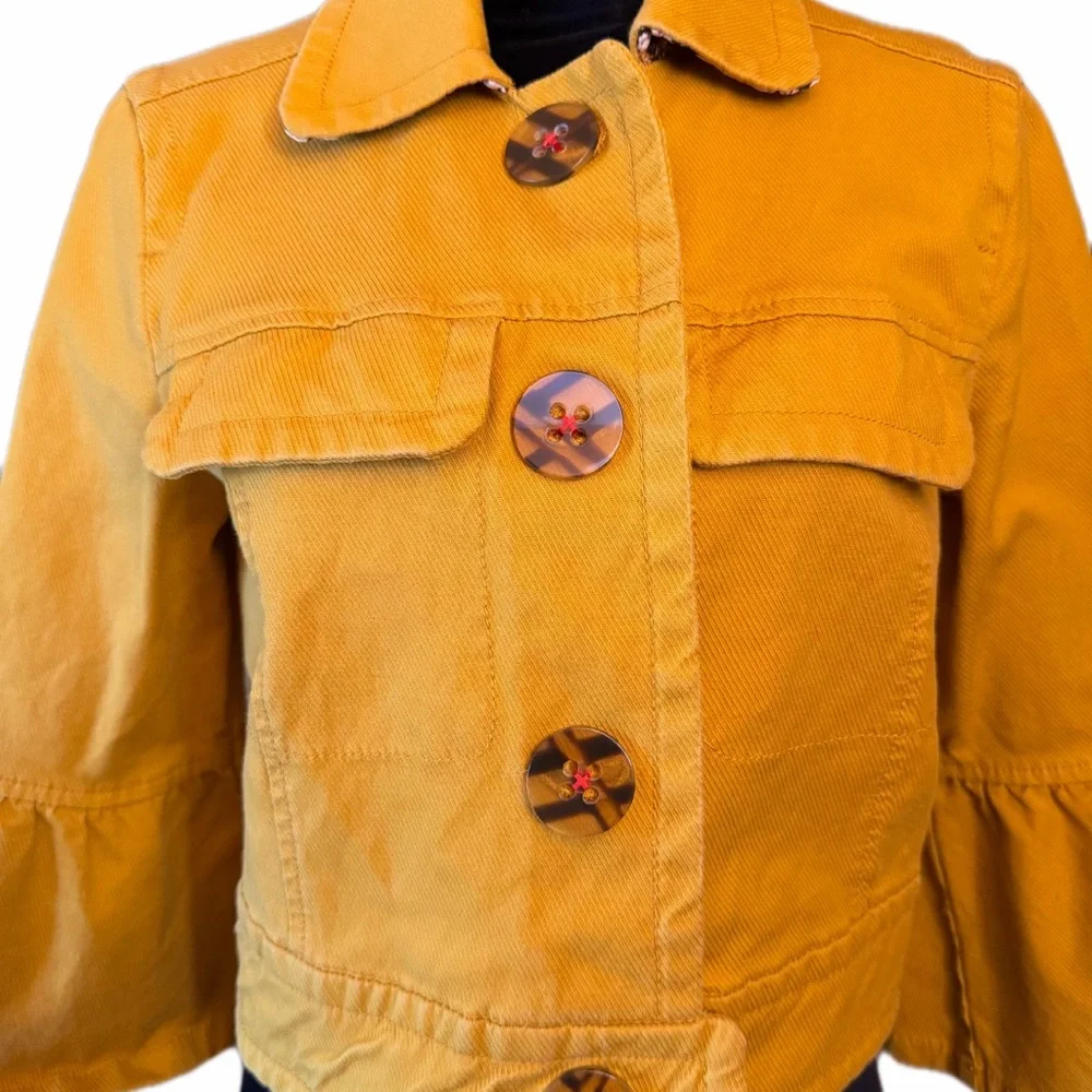 Anthropologie Nora Flounce-Sleeved Trucker Jacket Mustard Yellow M Bell Sleeve - Picture 4 of 10